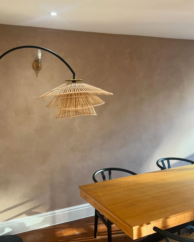 Layered Rattan Pendant with Warm Earthy Plaster