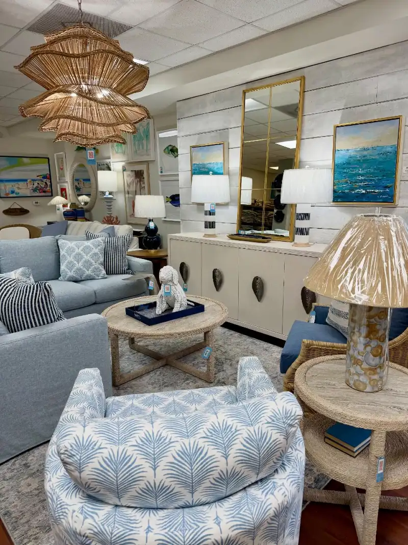 Layered Tiered Woven Chandelier with Rope-Edged Coffee Table and Palm-Print Armchair