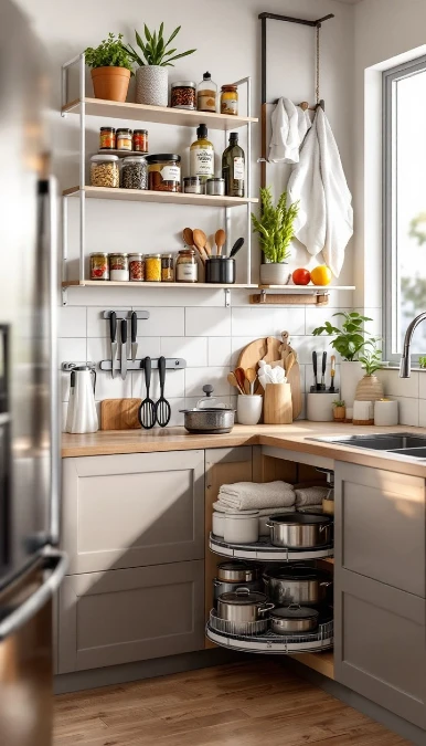Lazy Susan Corner Cabinet and Wall Shelves Solve the Two Hardest Kitchen Storage Problems