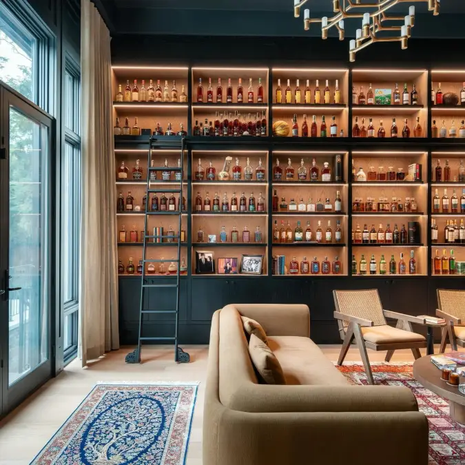 Library Ladder Wall with a Full Whiskey Collection