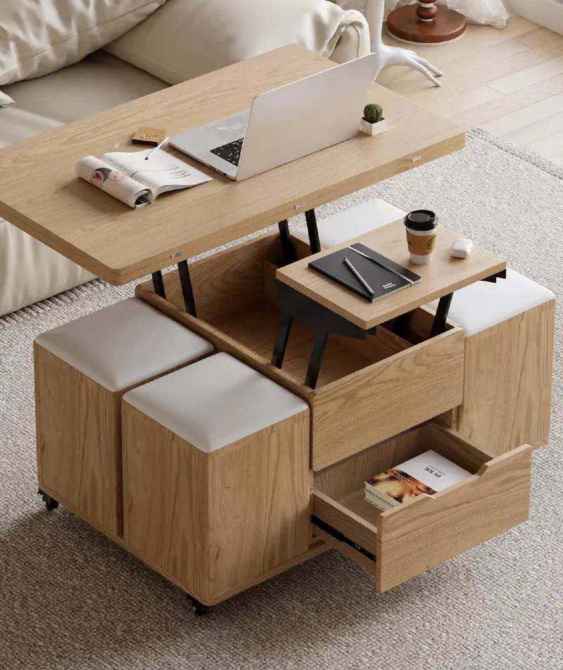 Lift Top Coffee Table with Hidden Stools and Storage Drawers