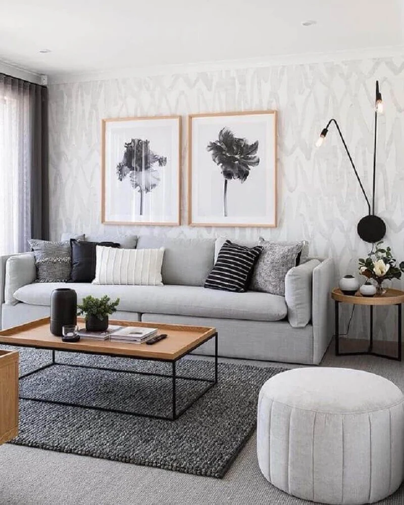 Light Gray Sofa with Round Pouf and Slim Black Coffee Table