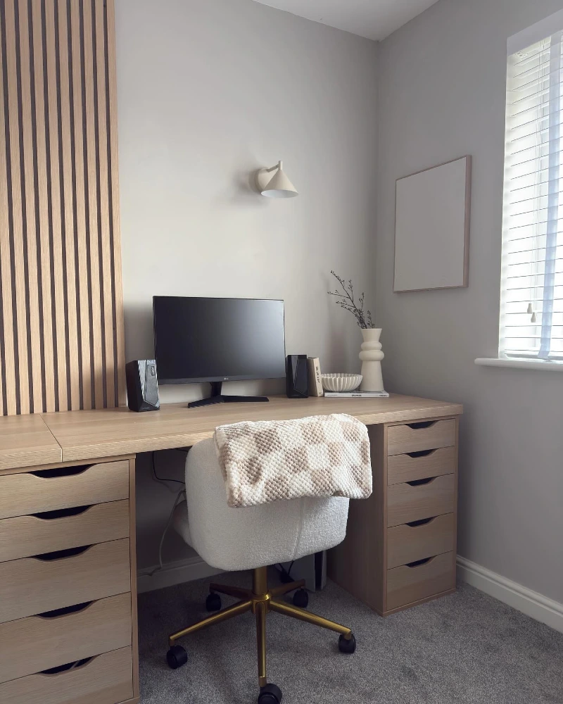  Light Oak Desk with Vertical Slat Accent Wall and Twin Drawer Storage