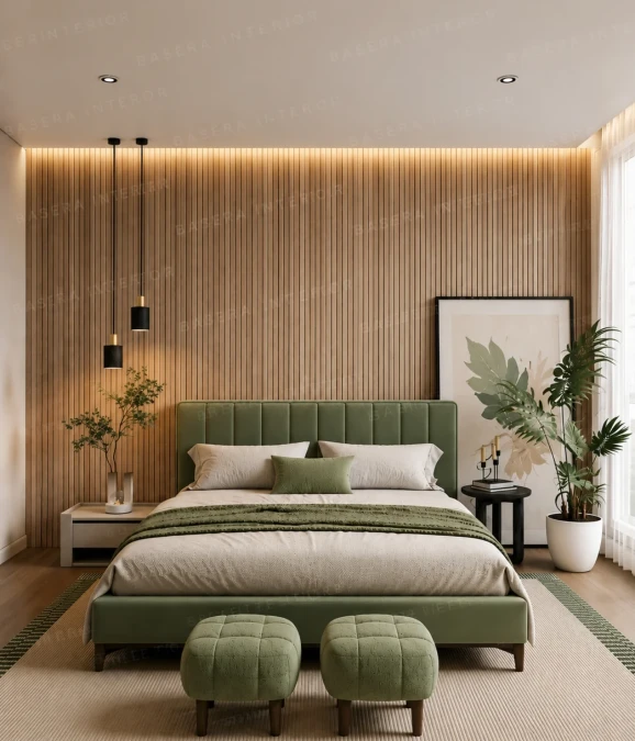Light Oak Paneling With Sage Green Textiles