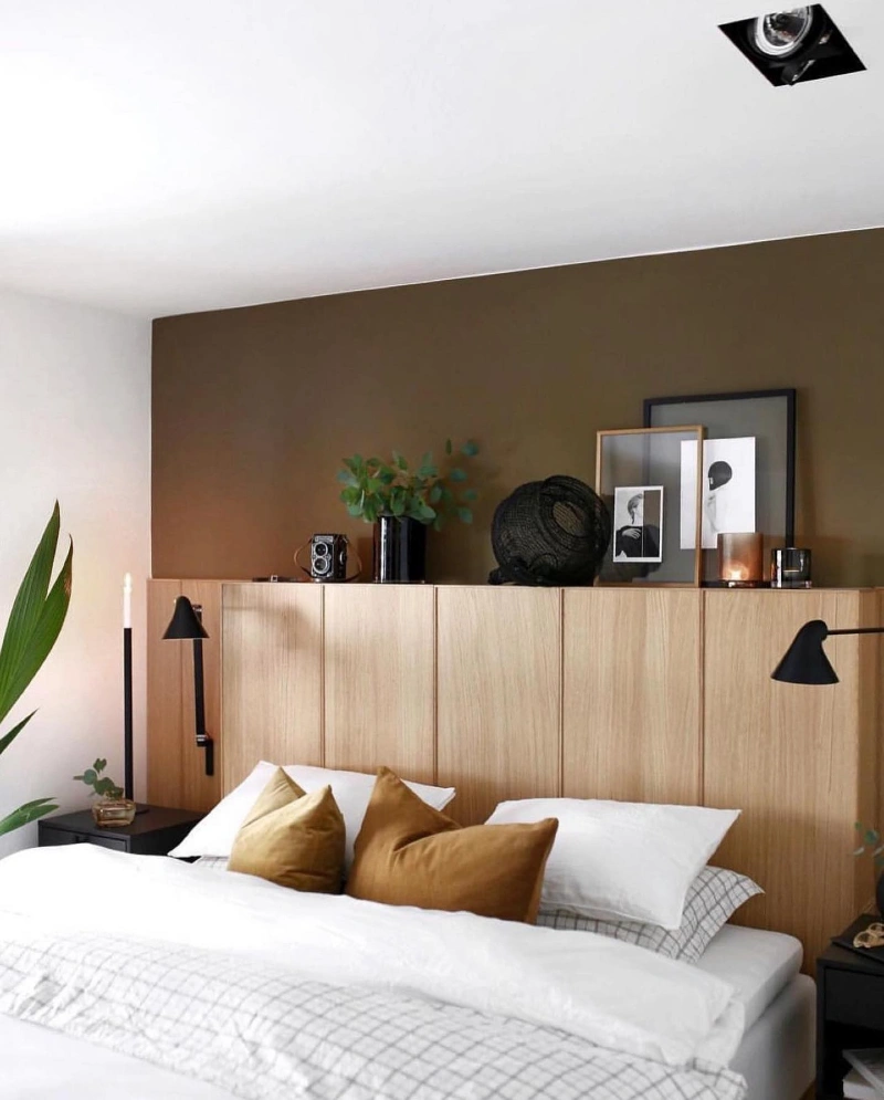Light Oak Storage Cabinet Headboard Wall with Art Ledge