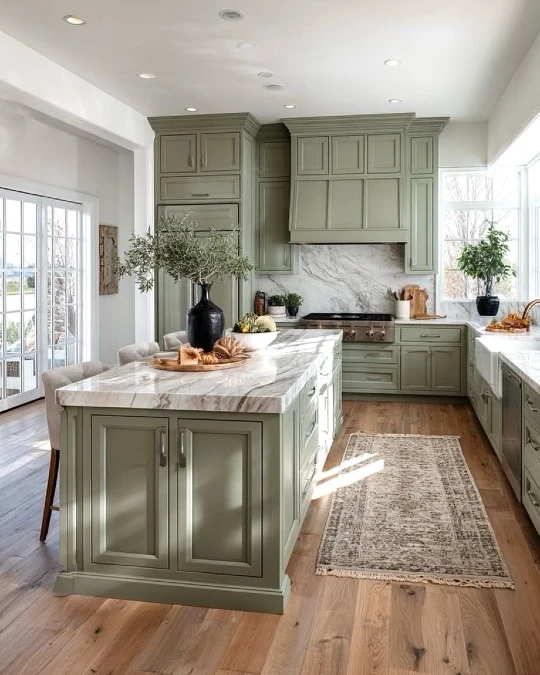 Light Olive Farmhouse Layout With Vintage Rug