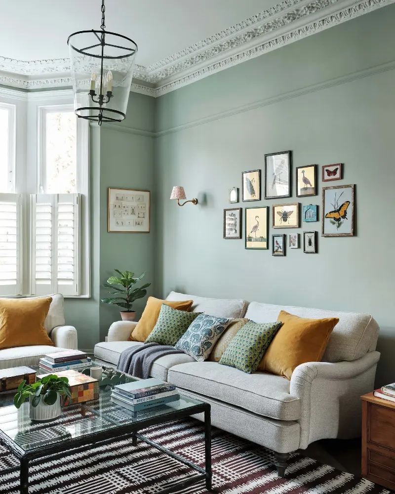 Light Sage Walls with Eclectic Insect Gallery Wall, Cream Roll-Arm Sofa, and Mustard Cushions