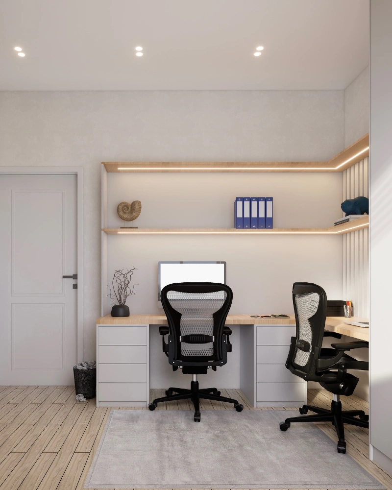 Light Wood Corner Workstation with Floating Shelves and Warm LED Lighting