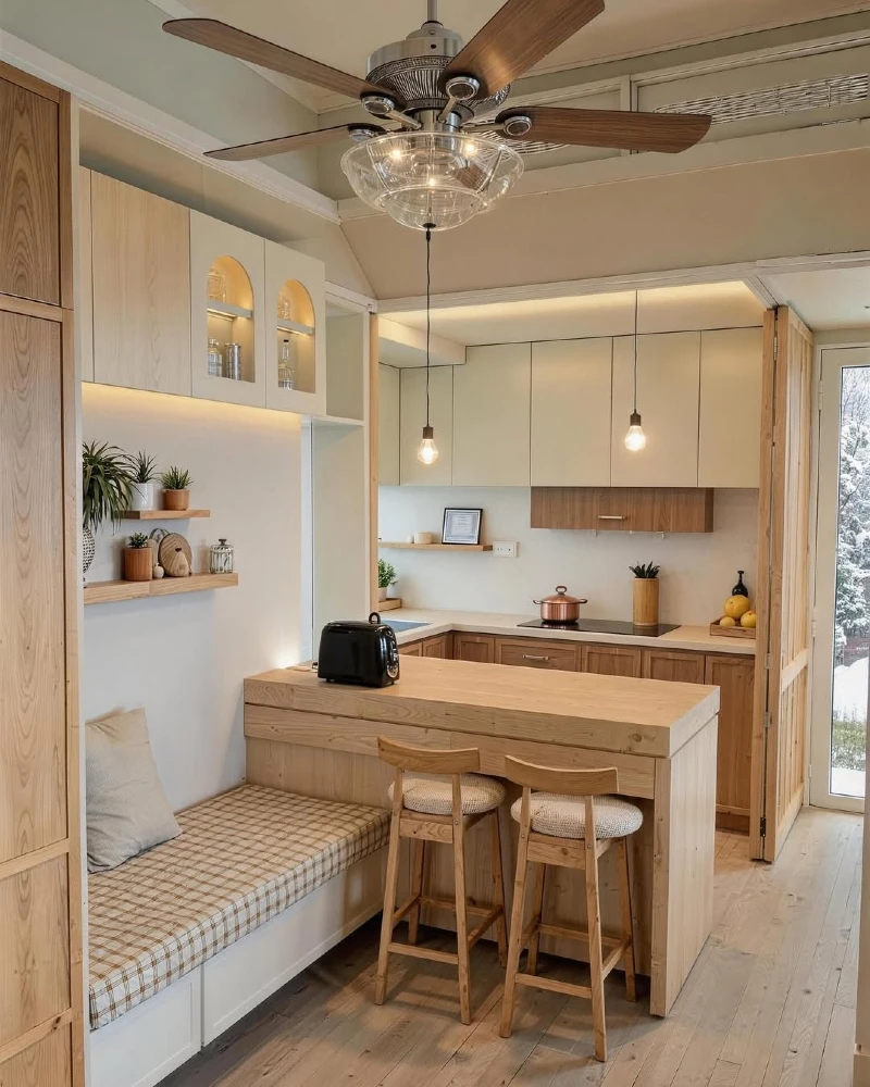 Light Wood Kitchen Island with a Built In Breakfast Bench