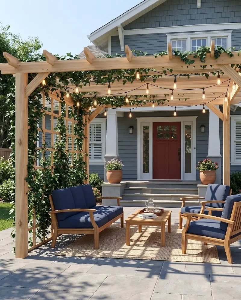 Light Wood Pergola with Trellis Panels, Climbing Ivy, and Blue Lounge Seating