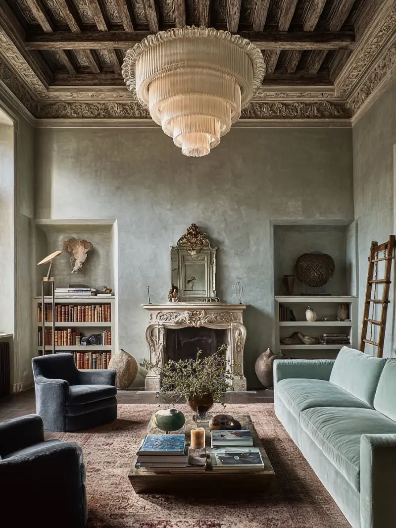Lime-Washed Sage Walls with Carved Stone Fireplace, Velvet Seating, and Tiered Fringe Chandelier