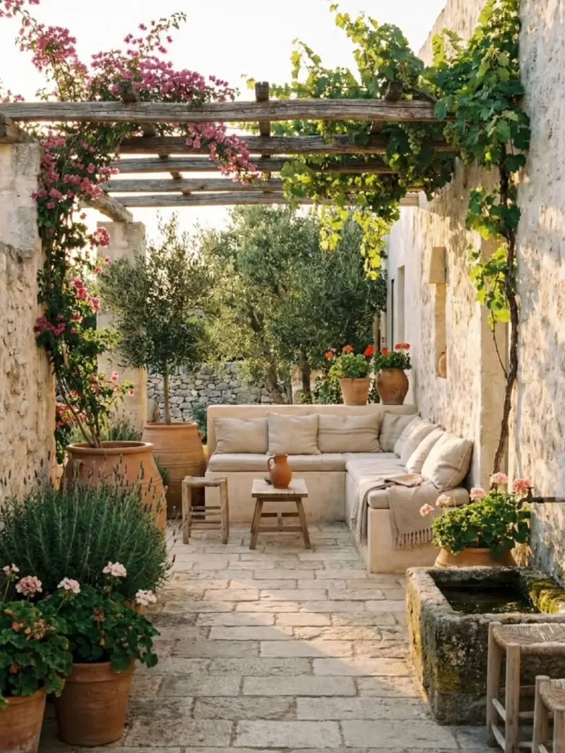 Limestone Courtyard with Rustic Pergola and Built-In Stone Bench