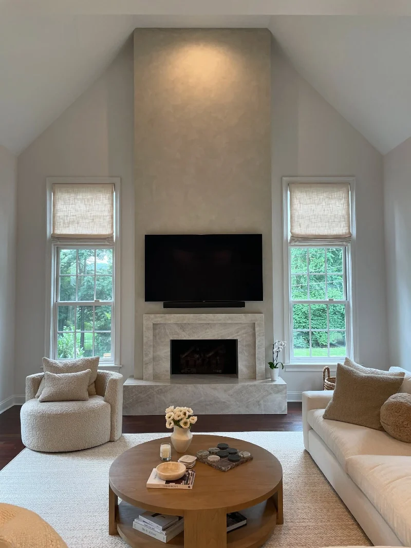 Limestone Fireplace Hearth with Ample Side Alcoves