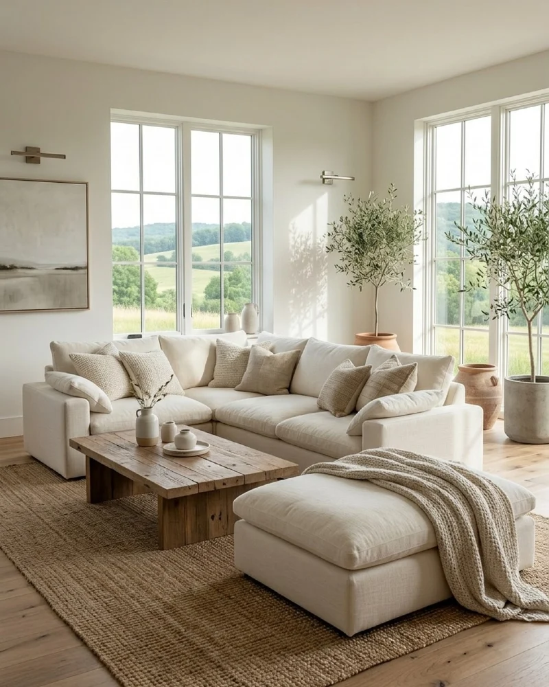 Linen Sectional with a Rustic Oak Table and Potted Olive Trees