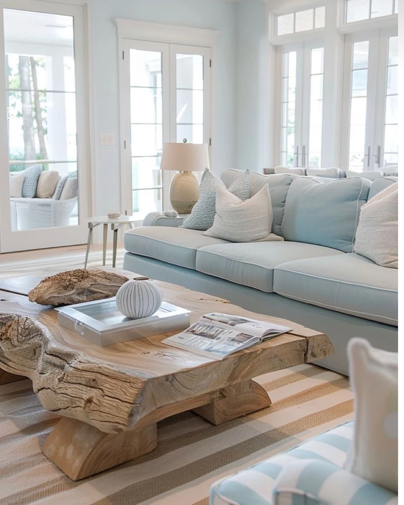 Live-Edge Driftwood Coffee Table with Pale Blue Sofa and Striped Rug