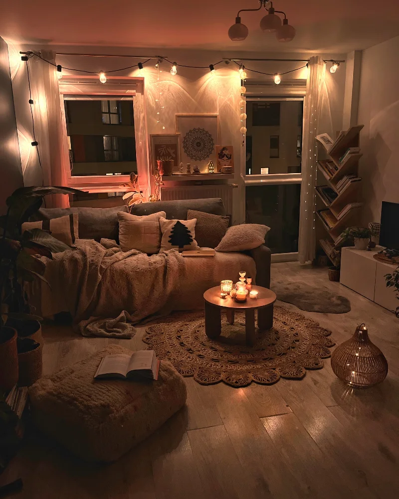 Living Room with String Lights and Layered Textiles