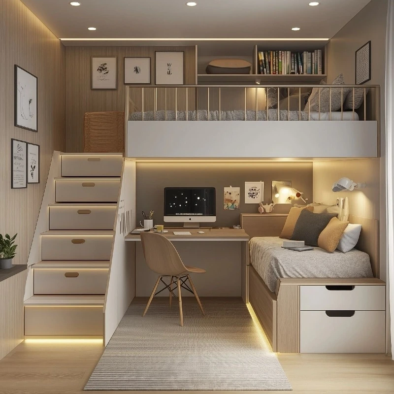 Loft Bed with Storage Stairs, Study Desk, and Lower Daybed