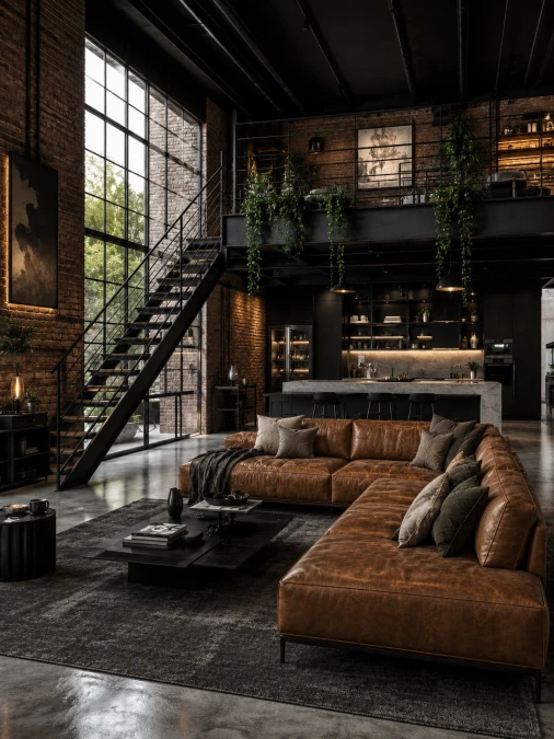 Loft Living Room With Trailing Vines And Marble Kitchen Below