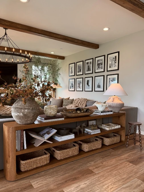 Long Console Tables and Woven Storage Baskets