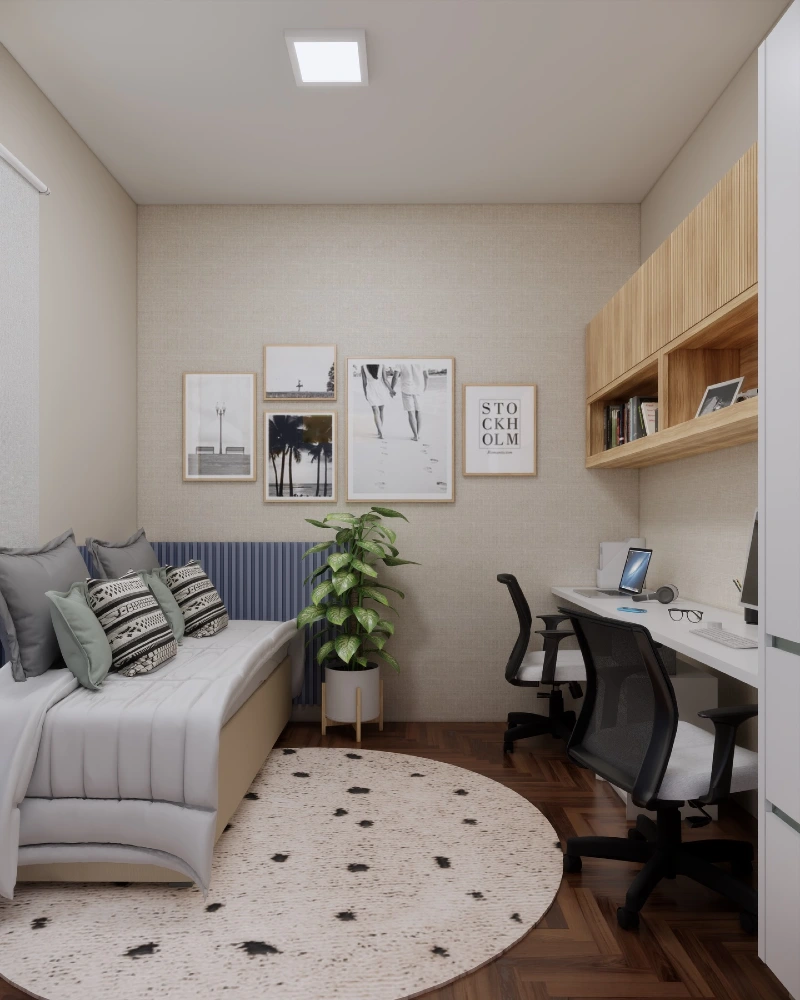 Long Shared Desk with Floating Wood Cabinet and Gallery Wall