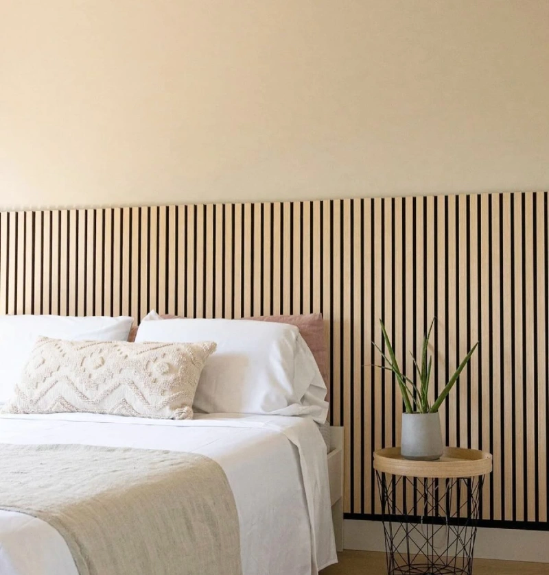 Low-Profile Light Oak Slat Headboard Panel with Wire Basket Side Table