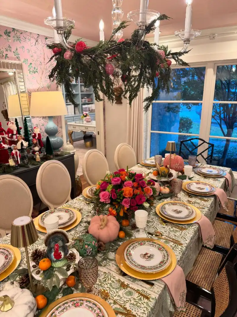 Lush Floral Centerpiece with Suspended Evergreen Wreath
