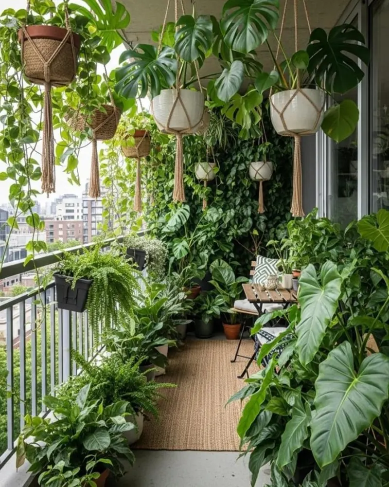 MacramΓ© Monstera Canopy with Ferns and a Folding Bistro Table