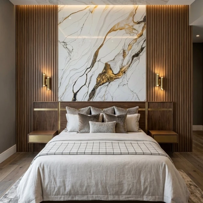 Marble Slab and Slatted Wood Feature Wall