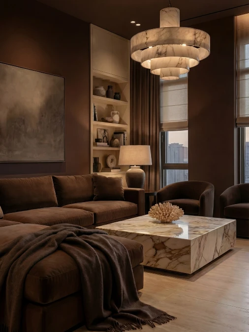 Massive Marble Blocks Anchor Soft Velvet Seating