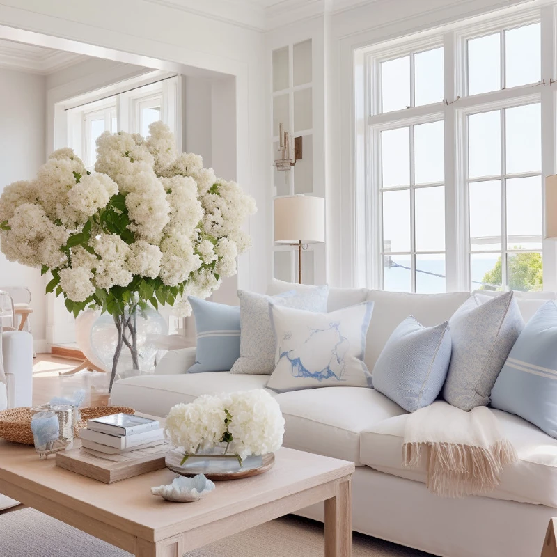Massive White Hydrangea Arrangement with Sky Blue Pillows and Light Oak Coffee Table