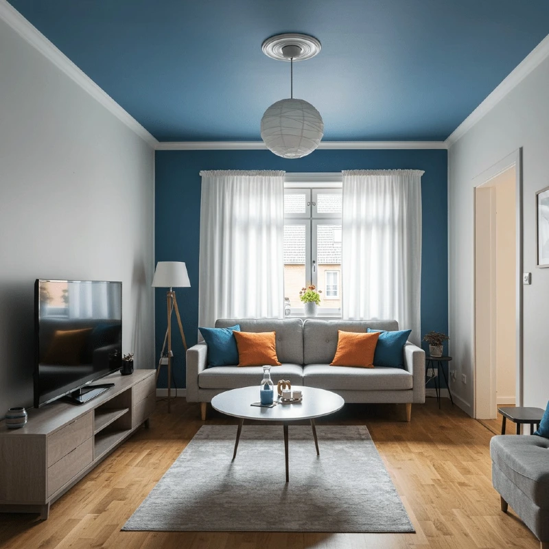 Matte Blue Ceiling with Matching Accent Wall and Crisp White Crown Molding