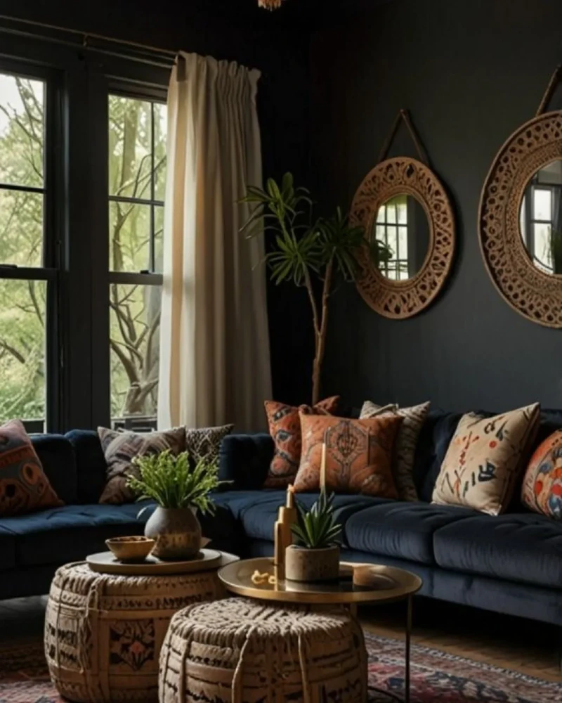 Matte Charcoal Wall with Carved Wooden Mirrors and Velvet Sectional
