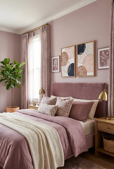 Mauve Velvet and Symmetrical Brass Lighting