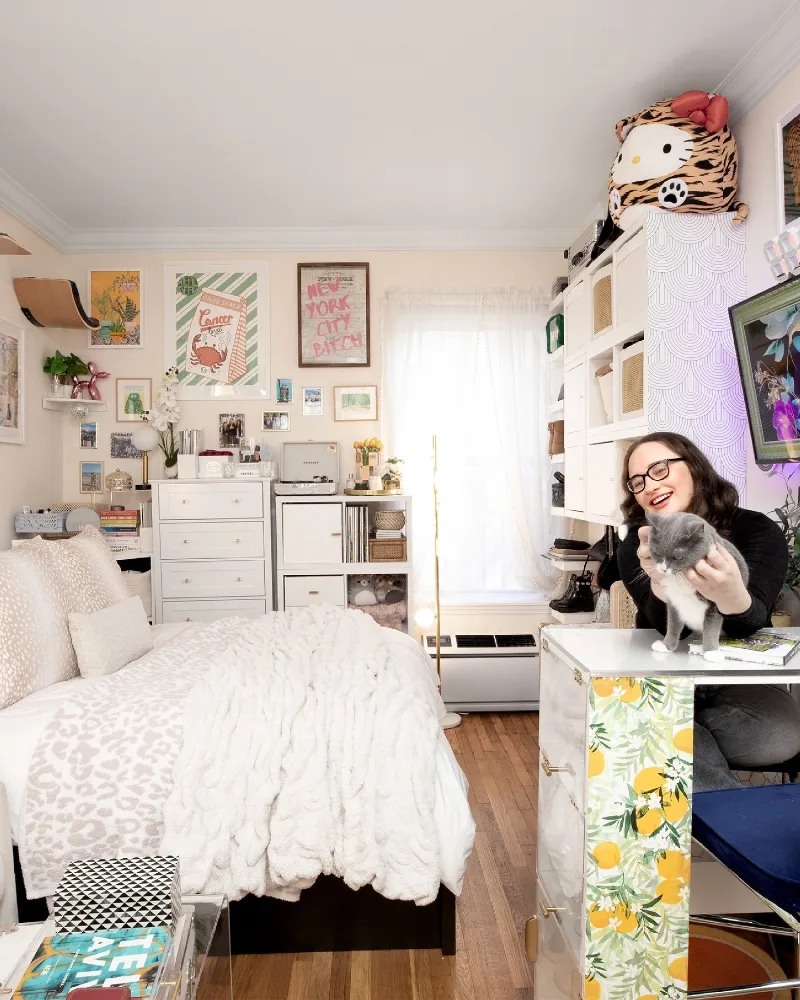 Maximalist Bedroom with Vertical Wall-Mounted Cat Perch