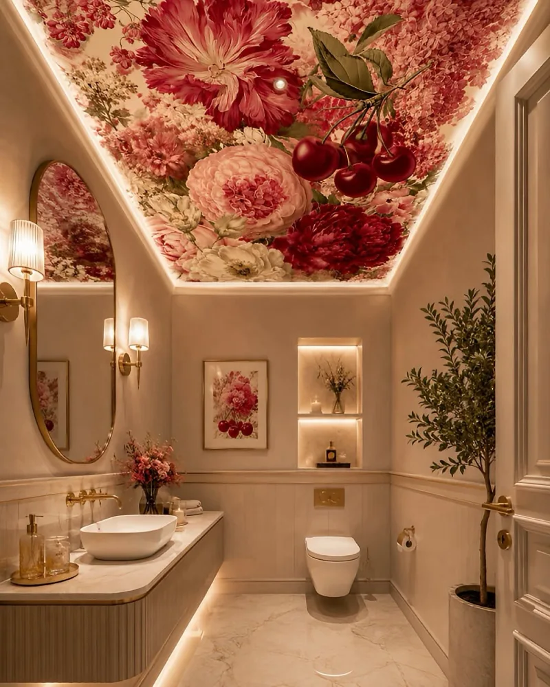 Maximalist Floral Wallpapered Ceiling with Recessed LED Cove Strip and Warm Brass Accents