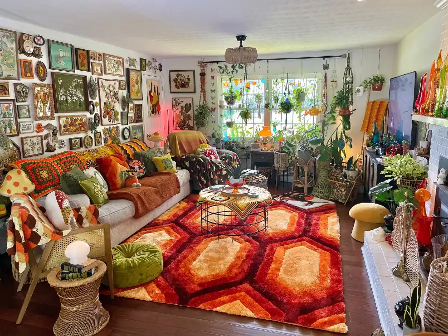 Maximalist Gallery Wall And Hexagon Rug