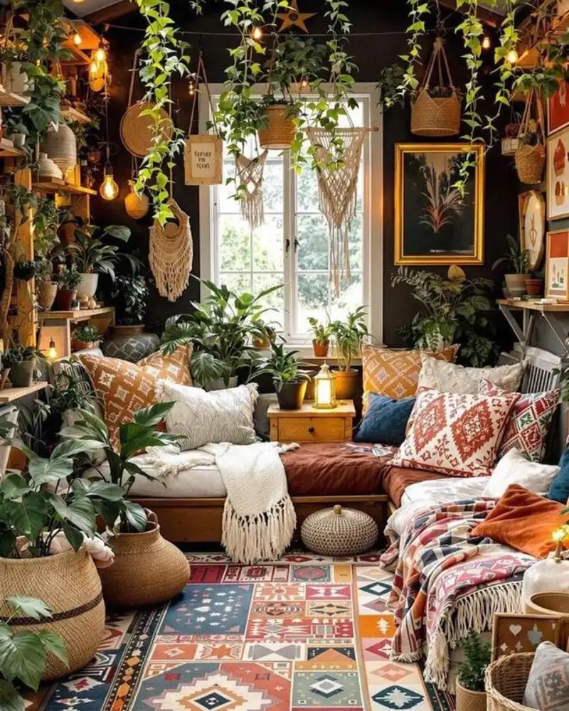 Maximalist Jungle Lounge with Moody Black Walls and Aztec Print Rug