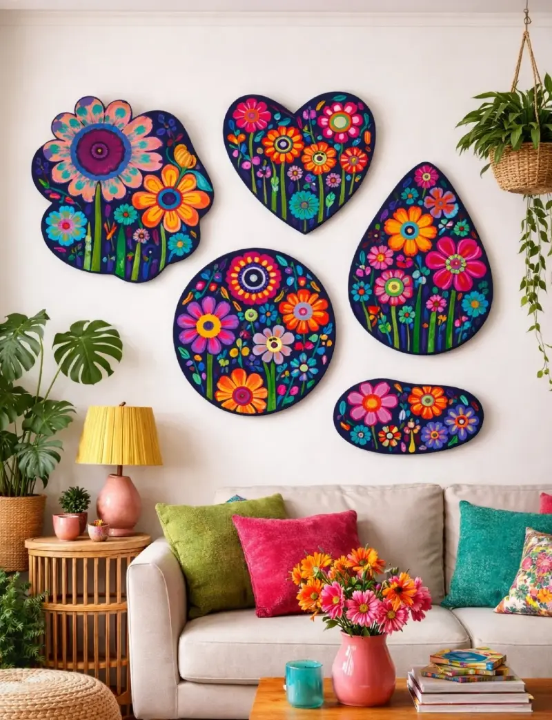 Maximalist Living Area with Shaped Floral Canvases, Velvet Pillows, and Rattan Accent Furniture