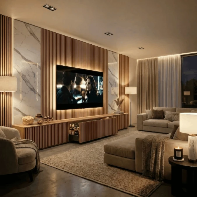 Media Center Slat Wall With Integrated Marble