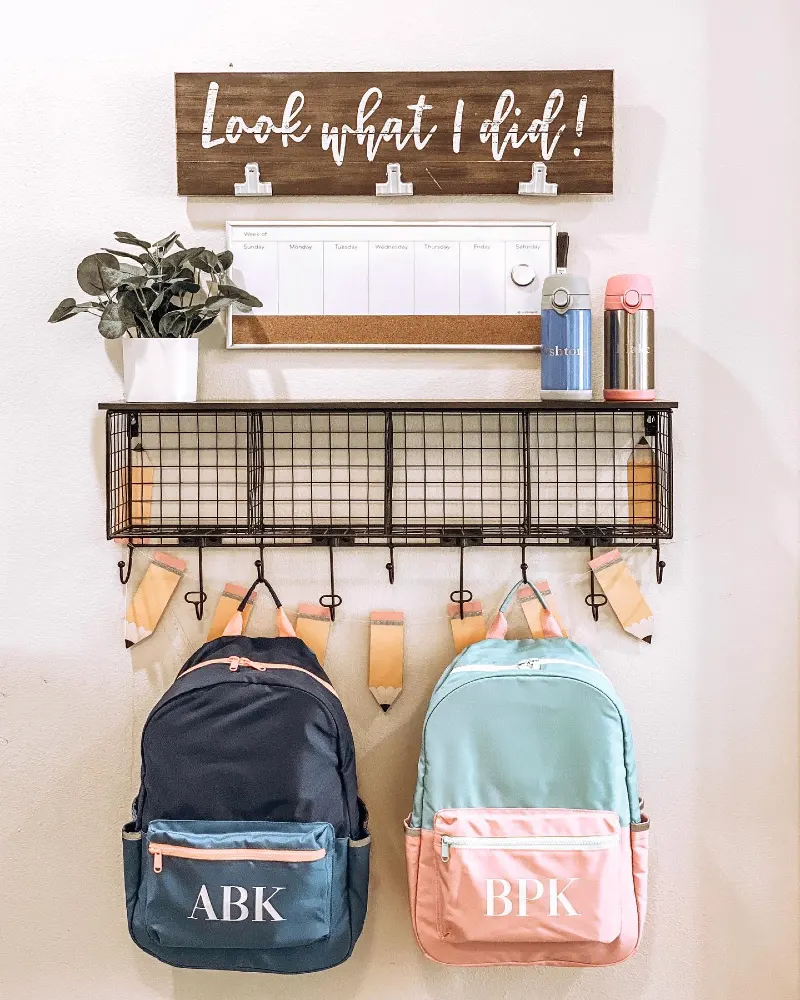 Metal Mesh Cubby Shelf with Kids' Artwork Board and Backpack Hooks