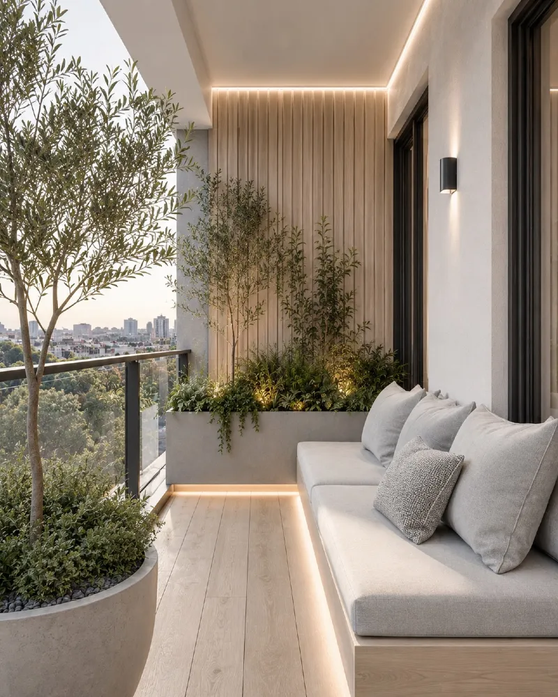 Minimal Built-In Bench with Integrated Planters and Soft LED Glow