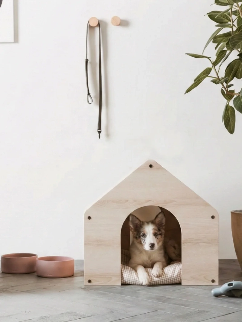 Minimalist A-Frame Wooden Dog House with Simple Wall Hooks