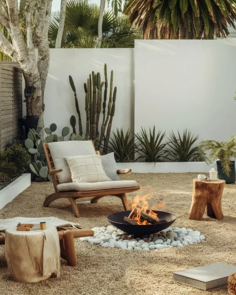 Minimalist Fire Bowl with White River Rock and Sculptural Wood Seating