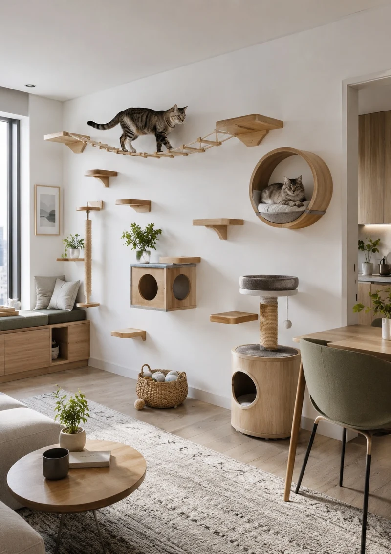 Minimalist Wall-Mounted Cat Complex with Rope Suspension Bridge