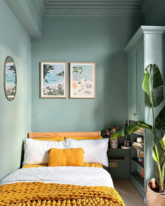 Mint Green Bedroom With Mustard Yellow Bedding