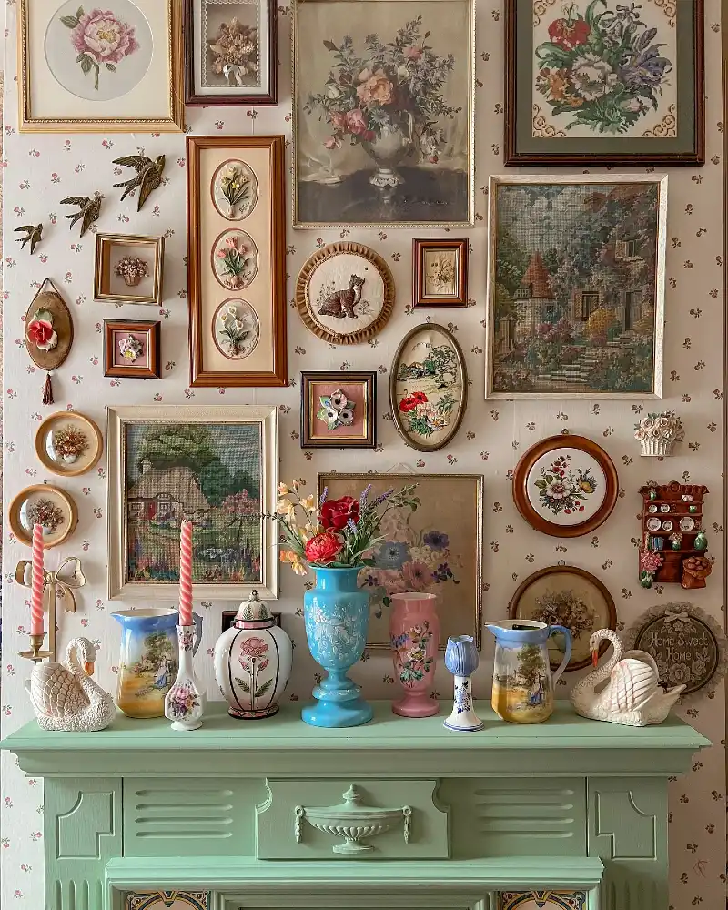 Mint Green Mantel Display with Pastel Glass Vases, Ceramic Swans, and Needlepoint Art