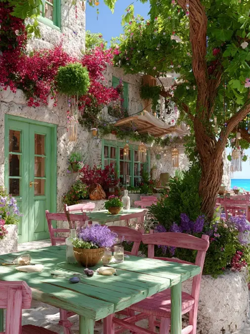 Mint Green Woodwork and Pastel Garden Dining