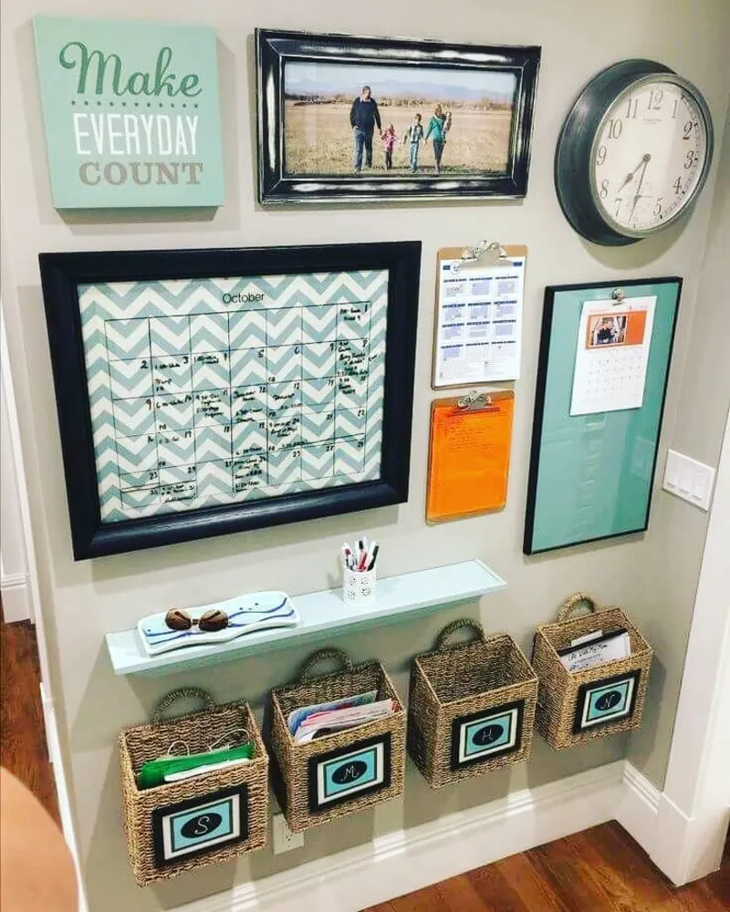 Mint and Navy Wall Gallery Command Station with Monogrammed Woven Baskets