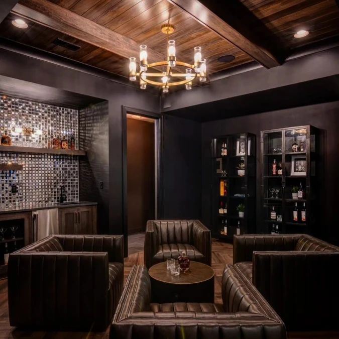Mirrored Tile Bar Wall with Four Channel Tufted Chairs
