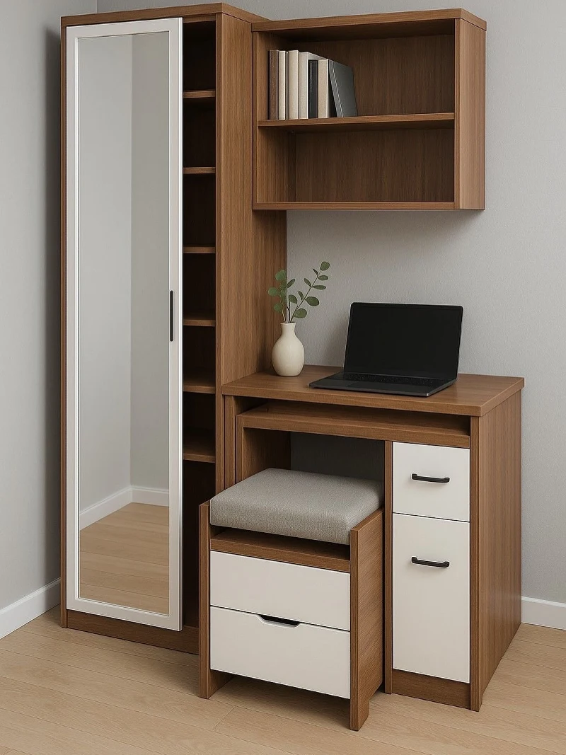 Mirrored Wardrobe Desk with Pullout Stool and Overhead Shelves